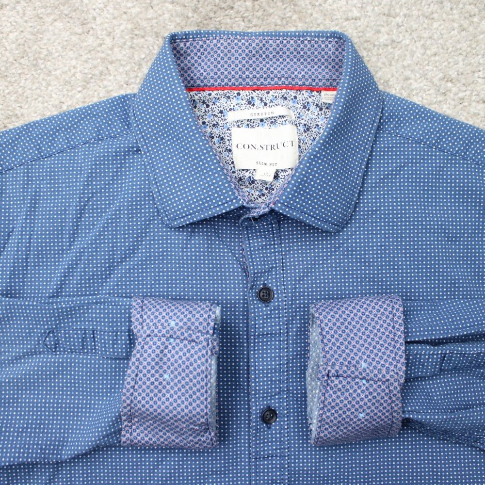 Construct Shirt Mens 17, 34/35 Blue Geometric Stretch Slim Fit Flip Cuff L/S